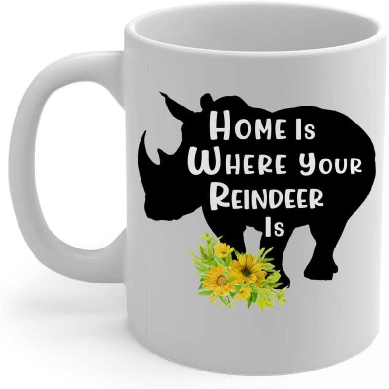 Tailorly White Ceramic 11 oz Mug - Home Is Where Your Reindeer Is Silhouette With Vibrant Yellow Sunflowers Among Green Botanical Leaves Rhinoceros