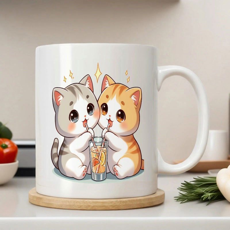 Tailorly White Ceramic 11 oz Mug - Two Adorable Cartoon Kittens Sharing A Refreshing Drink Together With Straws Kittens