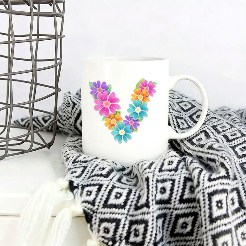 Tailorly White Ceramic 11 oz Mug - Vibrant Colorful Flowers Forming A Beautiful Botanical Alphabet Letter V