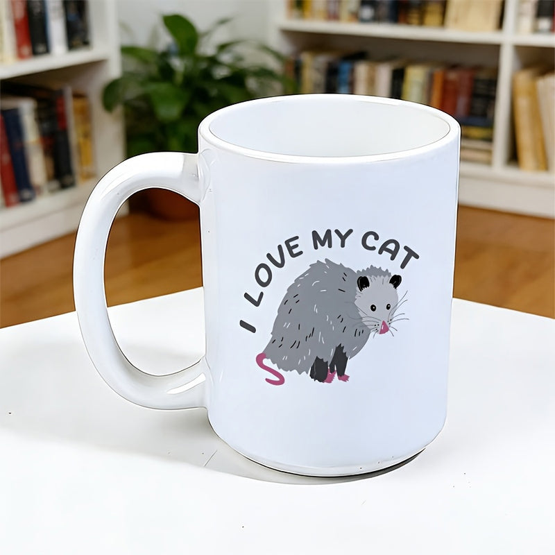 Tailorly White Ceramic 11 oz Mug - I Love My Cat Funny Illustration Of A Grey Opossum With Pink Tail Opossum