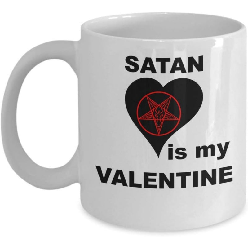 Tailorly White Ceramic 11 oz Mug - Satan Is My Valentine Bold Red Inverted Pentagram Symbol Centered Inside A Dark Heart