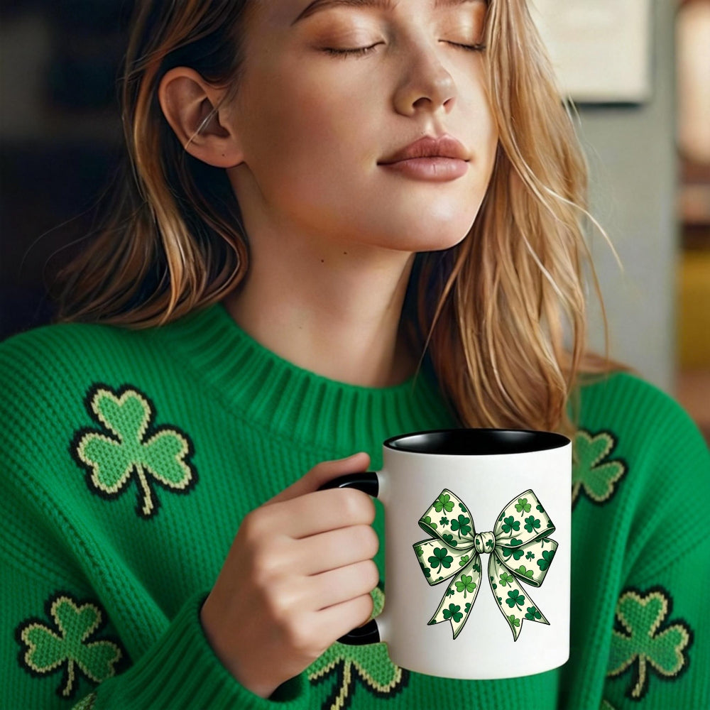 Tailorly Black Accent 11 oz Mug - 1pc st patricks day mug with bow print irish themed ceramic coffee cup suitable for home office tea hot drinks gift