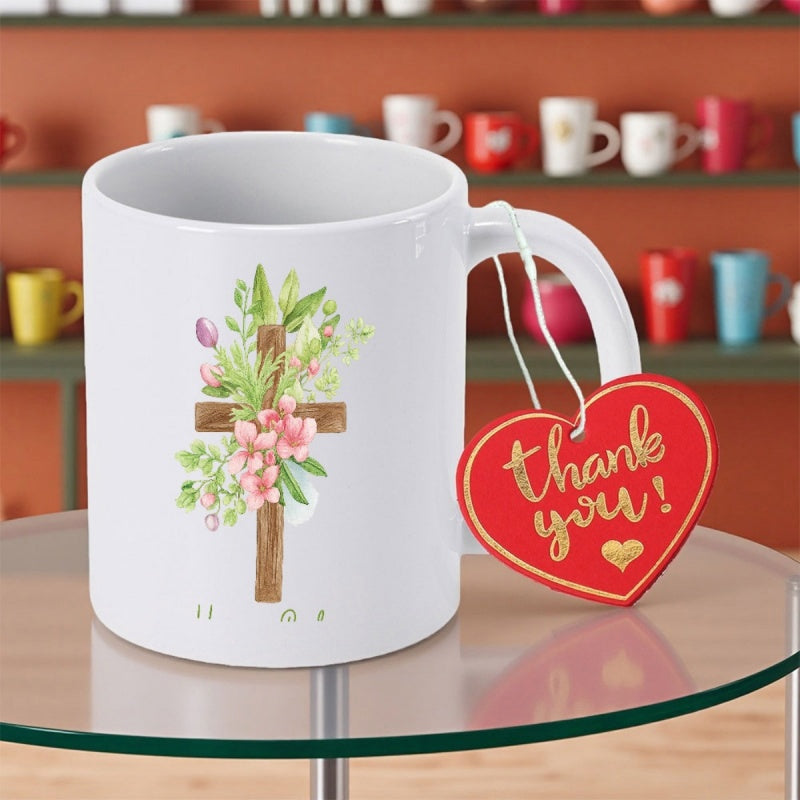 Tailorly White Ceramic 11 oz Mug - Thank You Elegant Wooden Cross With Pink Spring Flowers And Green Leaves Cross