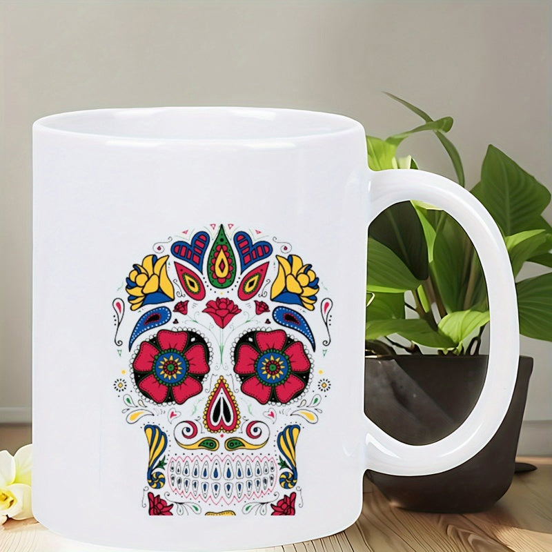 Tailorly White Ceramic 11 oz Mug - Intricate Floral Patterns Decorating A Vibrant Mexican Day Of The Dead Skull
