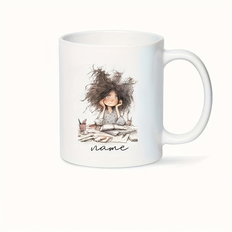 Tailorly White Ceramic 11 oz Mug - Name Whimsical Watercolor Art Of Tired Student Sitting At Cluttered Desk Girl