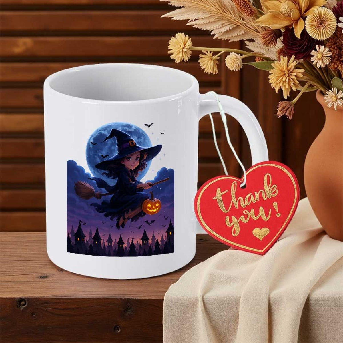 Tailorly White Ceramic 11 oz Mug - Thank You Charming Little Girl Flying Through Moonlit Sky Above Spooky Spires Witch