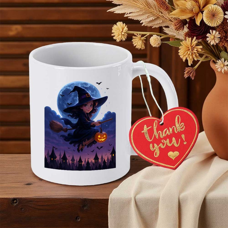 Tailorly White Ceramic 11 oz Mug - Thank You Charming Little Girl Flying Through Moonlit Sky Above Spooky Spires Witch