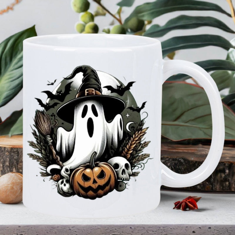 Tailorly White Ceramic 11 oz Mug - Halloween Night Spooky Scene With Witch Hat Bats And Pumpkin Ghost