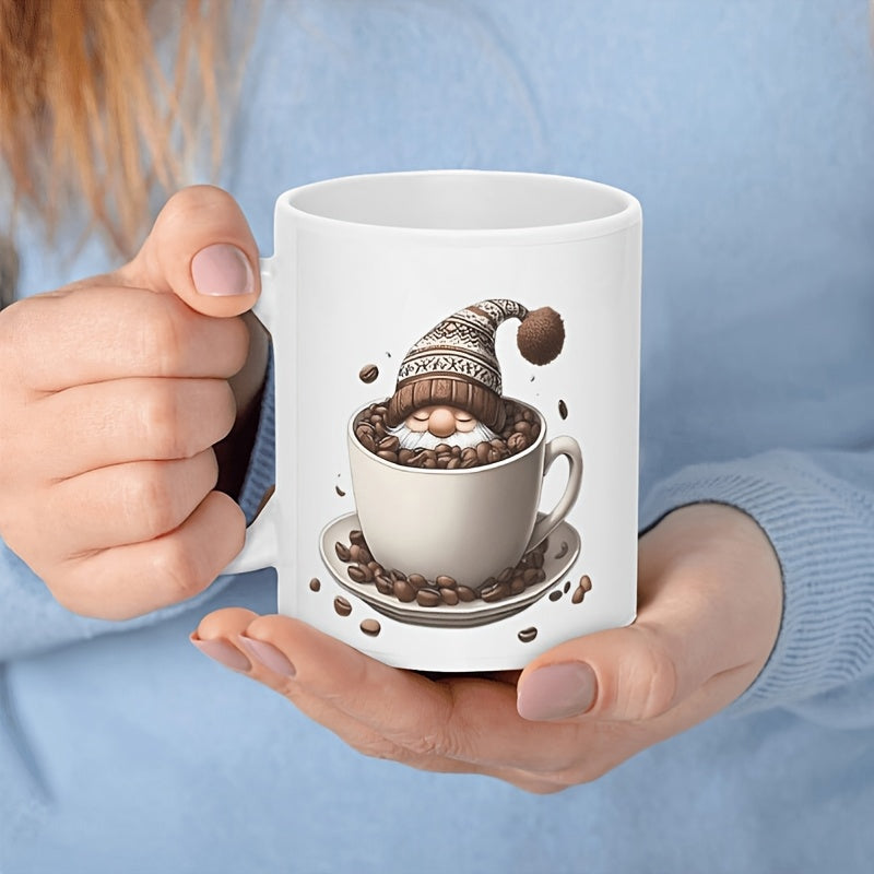 Tailorly White Ceramic 11 oz Mug - Small Bearded Figure Relaxing In Coffee Cup Among Scattered Beans Gnome