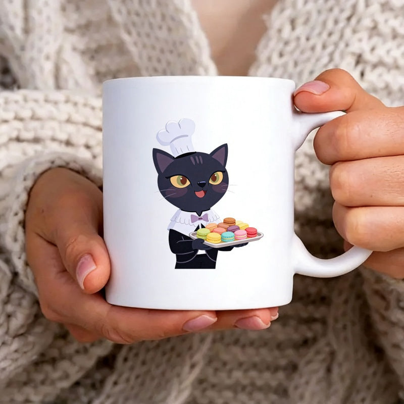 Tailorly White Ceramic 11 oz Mug - Adorable Cartoon Black Chef Wearing Hat Holding A Tray Of Sweet Macarons Cat