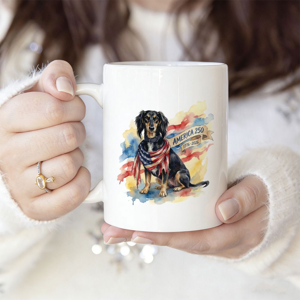Tailorly White Ceramic 11 oz Mug - Americas Dog Patriotic Long Haired Pup Sitting Amidst Vibrant Artistic Watercolor Splashes Dachshund