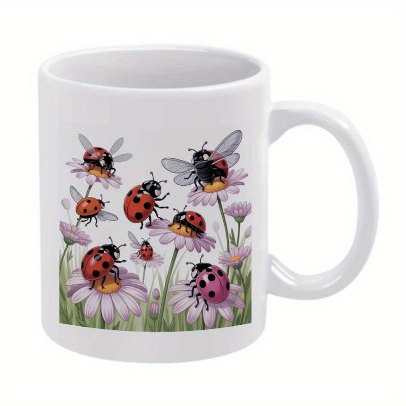 Tailorly White Ceramic 11 oz Mug - Charming Ladybugs Resting On Soft Purple Daisy Petals Among Green Grass Ladybug