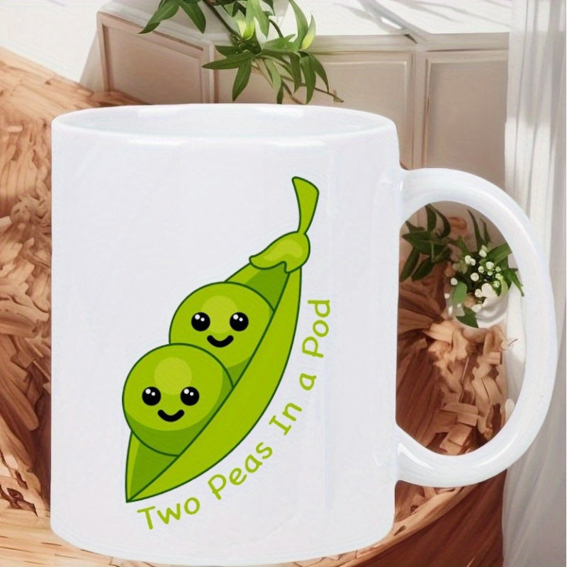 Tailorly White Ceramic 11 oz Mug - Two Peas In A Pod Cute Green Cartoon Vegetable Growing In A Small Open Pod Pea