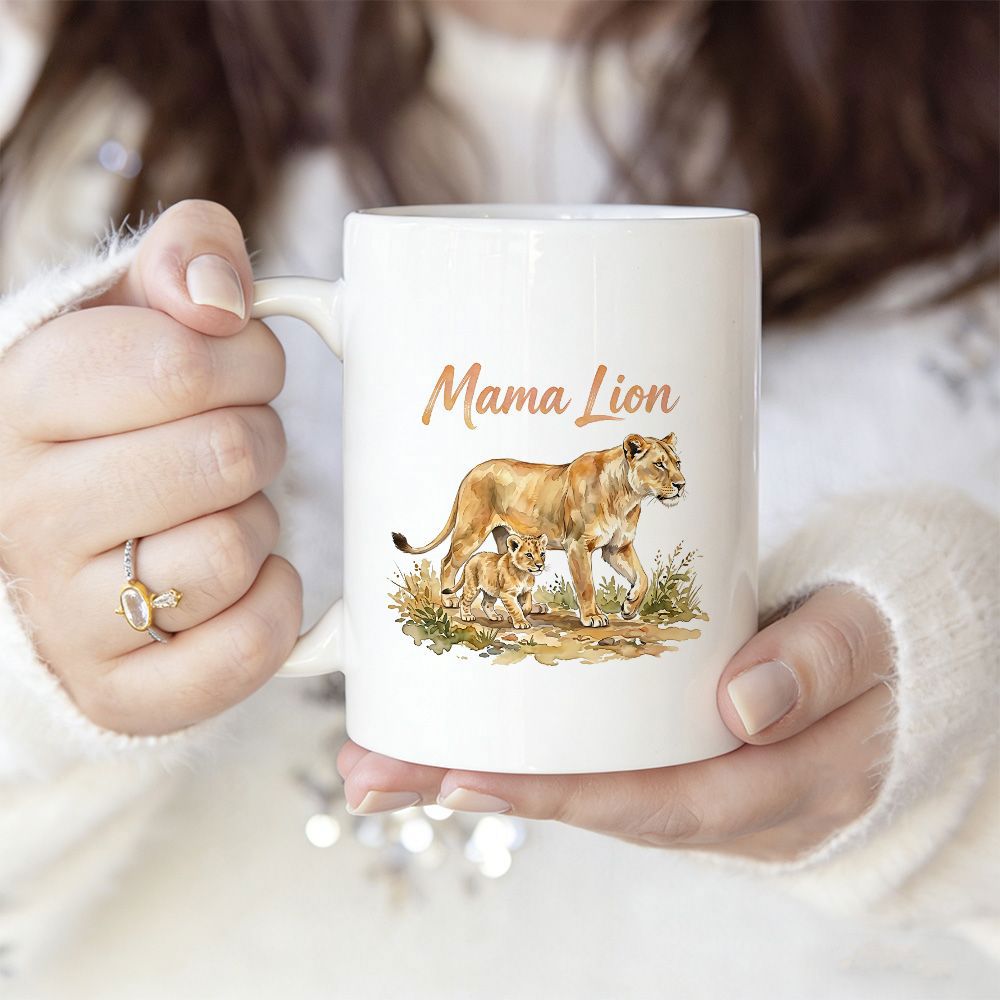 Tailorly White Ceramic 11 oz Mug - Mama Lion Beautiful Watercolor Lioness Walking Through Field With Tiny Cub Lion