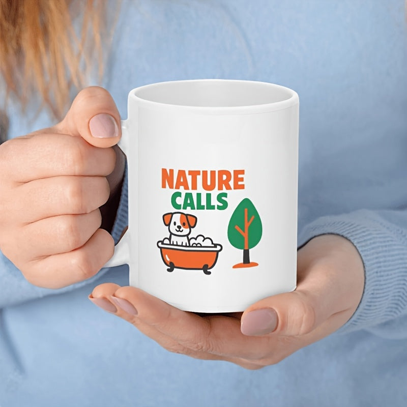 Tailorly White Ceramic 11 oz Mug - Nature Calls Cute Cartoon Dog Relaxing In Bubbling Bathtub Beside Green Tree Dog
