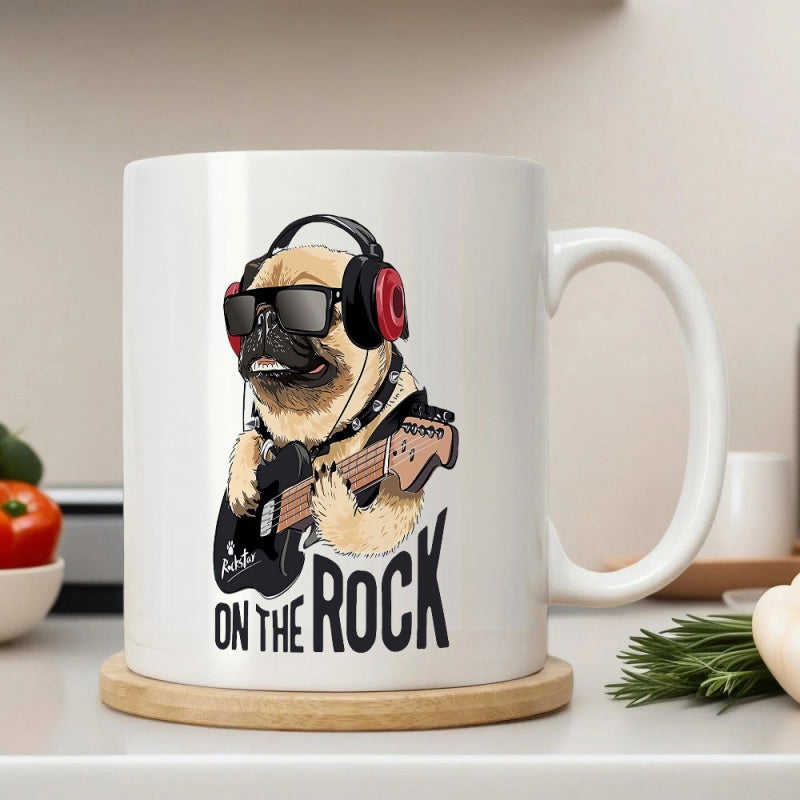 Tailorly White Ceramic 11 oz Mug - On The Rock Cool Stylized Pug Wearing Dark Sunglasses And Headphones Playing Electric Guitar Pug