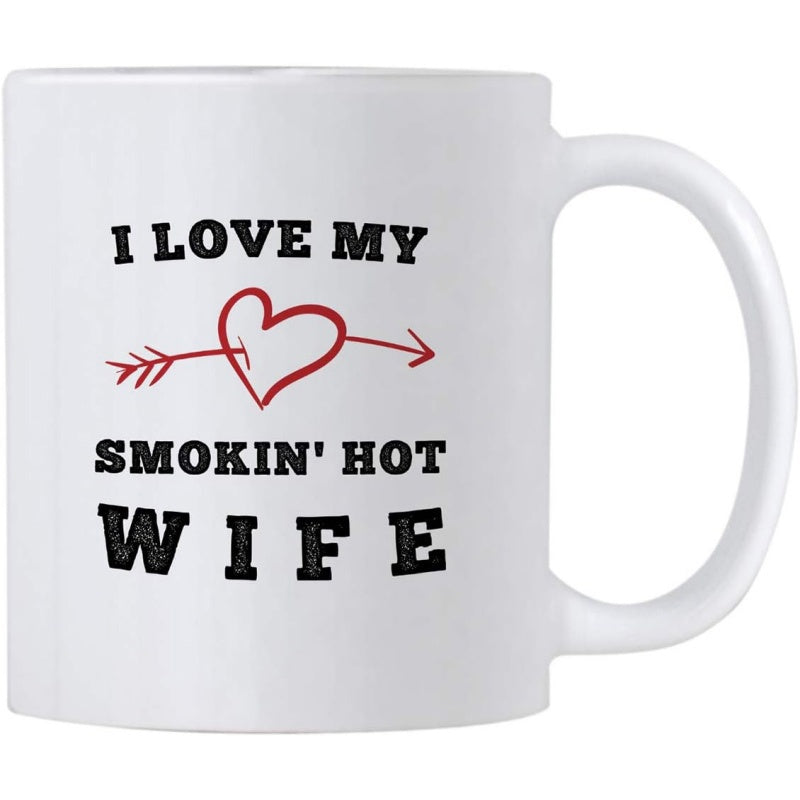 Tailorly White Ceramic 11 oz Mug - I Love My Smokin Hot Wife Minimalist Red Heart Pierced By A Sharp Cupid Arrow Patterned Mug