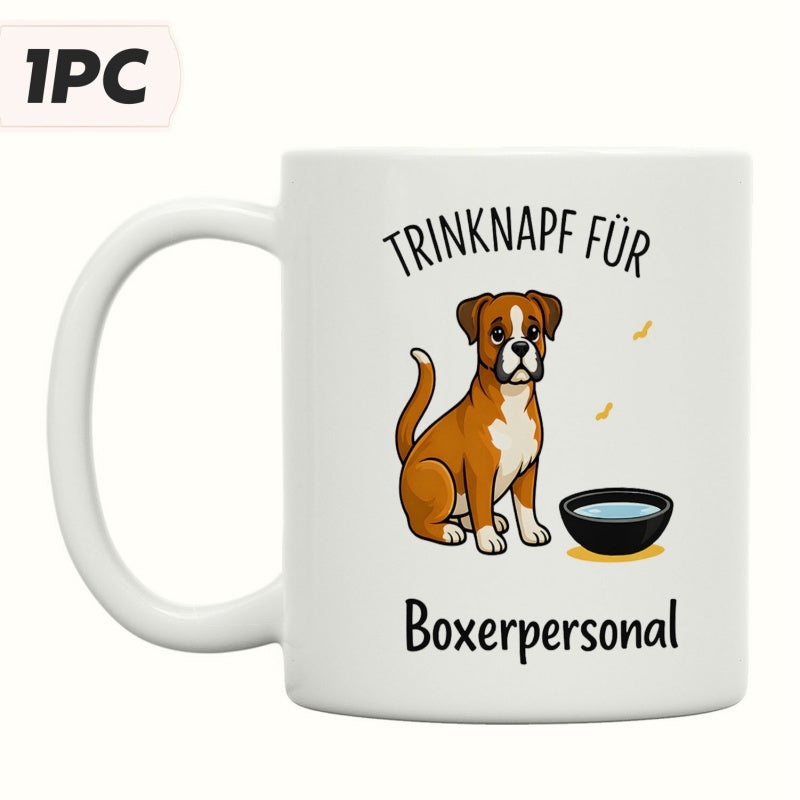 Tailorly White Ceramic 11 oz Mug - Sitting Brown Cartoon Boxer Dog With A Small Water Bowl Dog