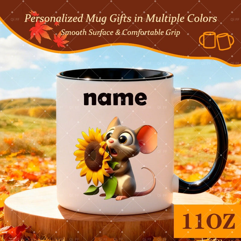 Tailorly Black Accent 11 oz Mug - cute mouse and sunflower
