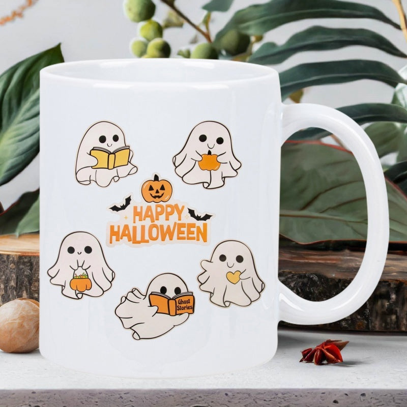 Tailorly White Ceramic 11 oz Mug - Happy Halloween Cute Cartoon Illustrations Of Tiny Spirits Reading Books And Holding Pumpkins Ghost
