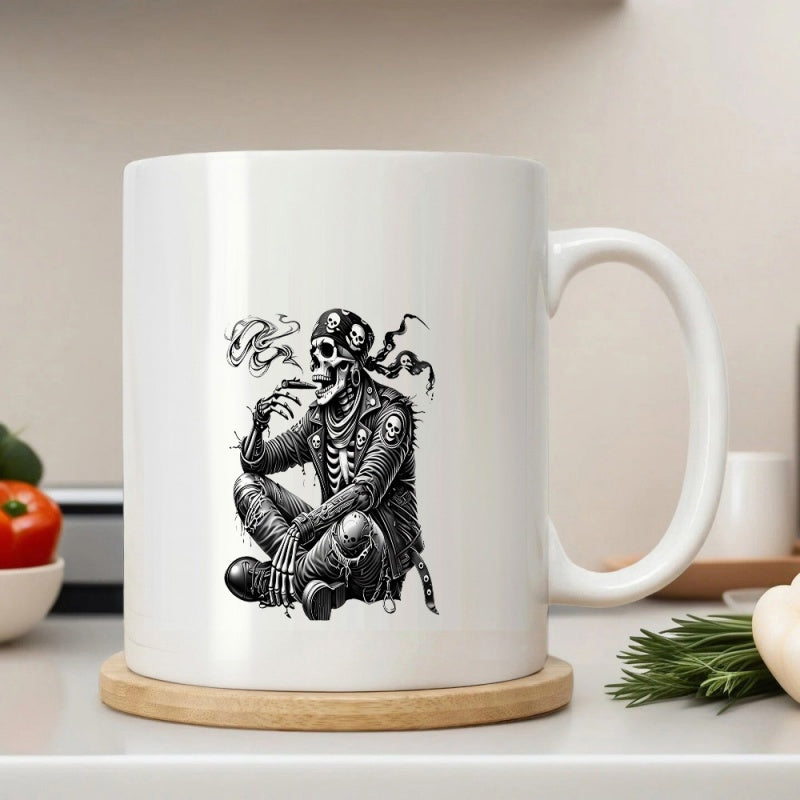 Tailorly White Ceramic 11 oz Mug - Vintage Ink Illustration Of A Sitting Rebel Biker Smoking Skeleton