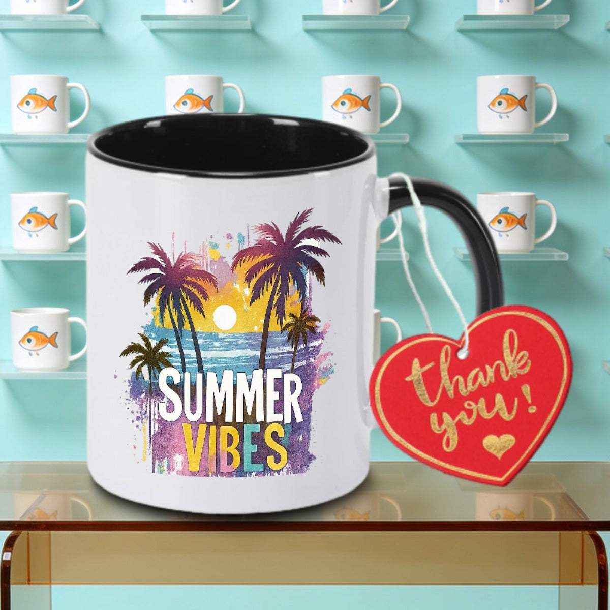 Tailorly Black Accent 11 oz Mug - Tree sunset design and "SUMMER" text