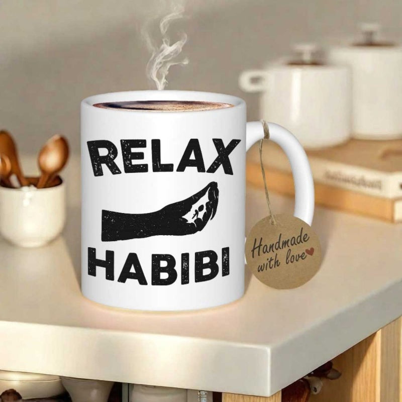 Tailorly White Ceramic 11 oz Mug - Relax Habibi Black Silhouette Cat Paw Reaching Out Across A Plain