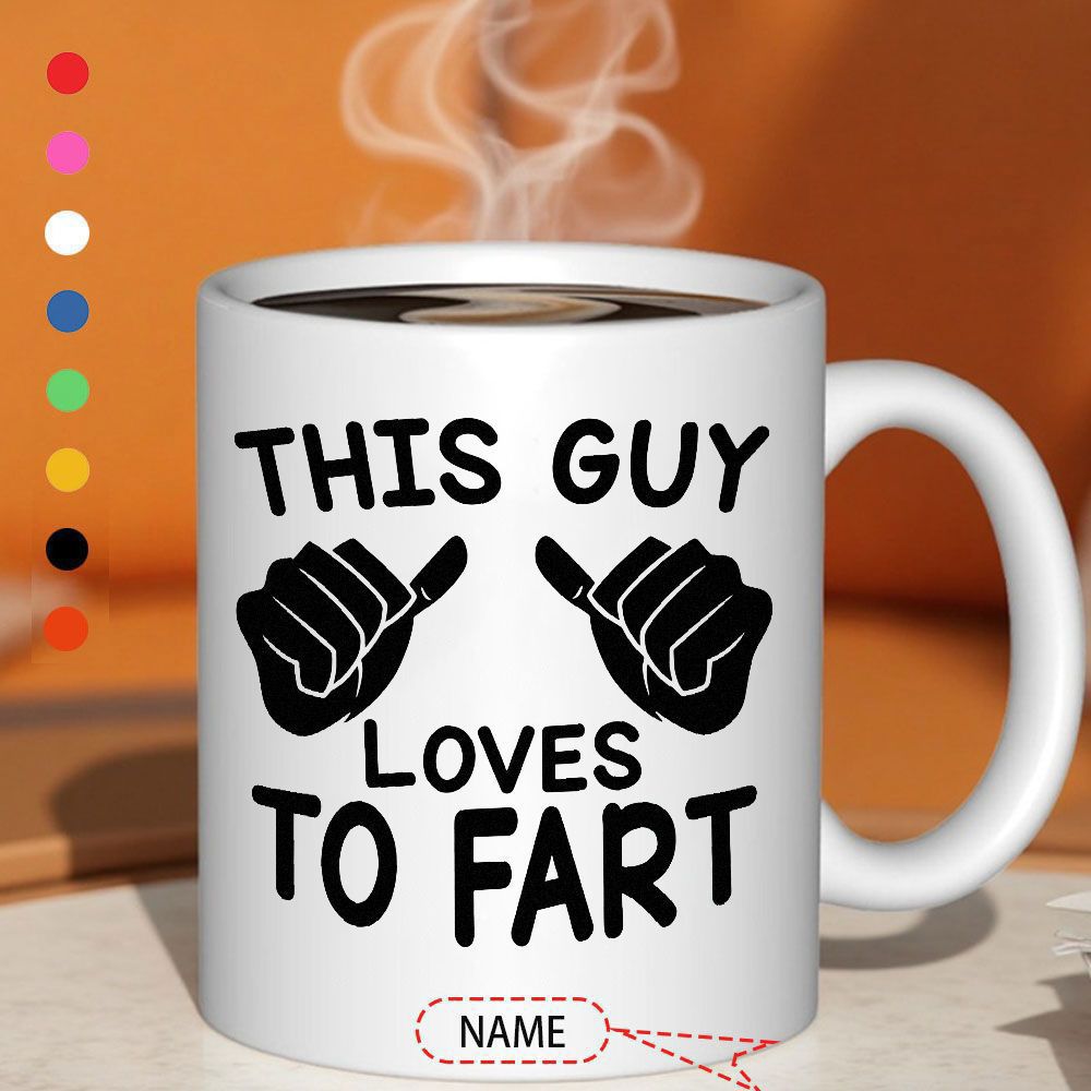 Tailorly White Ceramic 11 oz Mug - This Guy Loves To Fart Minimalist Black Silhouette Of Two Hands With Pointing Thumbs Hand