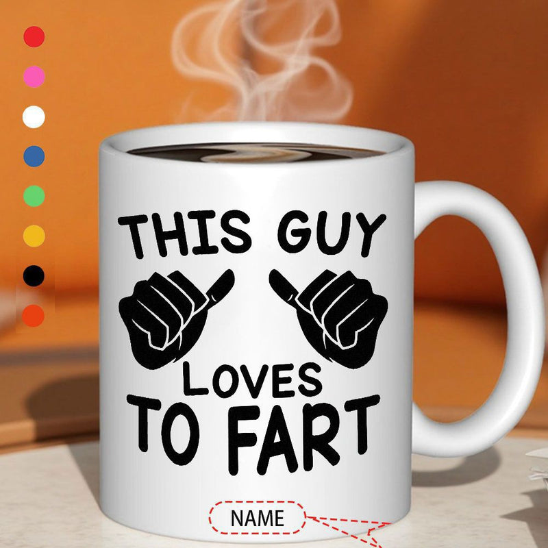 Tailorly White Ceramic 11 oz Mug - This Guy Loves To Fart Minimalist Black Silhouette Of Two Hands With Pointing Thumbs Hand
