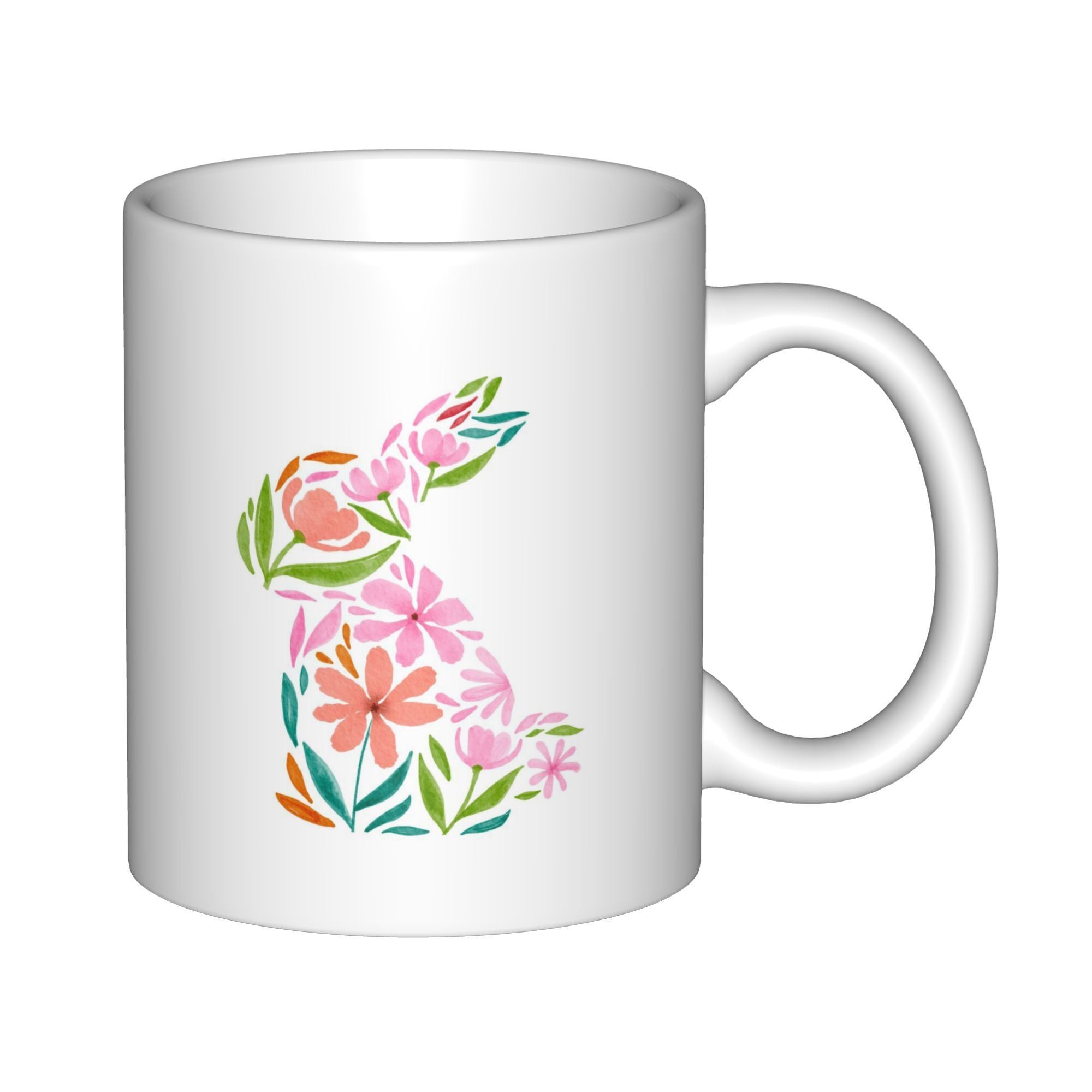 Tailorly White Ceramic 11 oz Mug - Vibrant Floral Pattern Within A Sitting Peaceful Spring Garden Rabbit