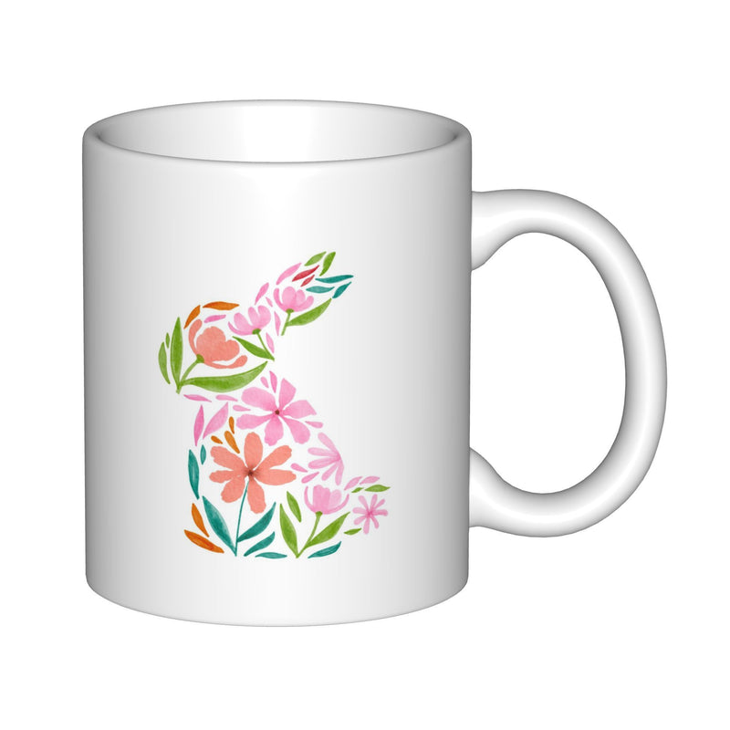 Tailorly White Ceramic 11 oz Mug - Vibrant Floral Pattern Within A Sitting Peaceful Spring Garden Rabbit