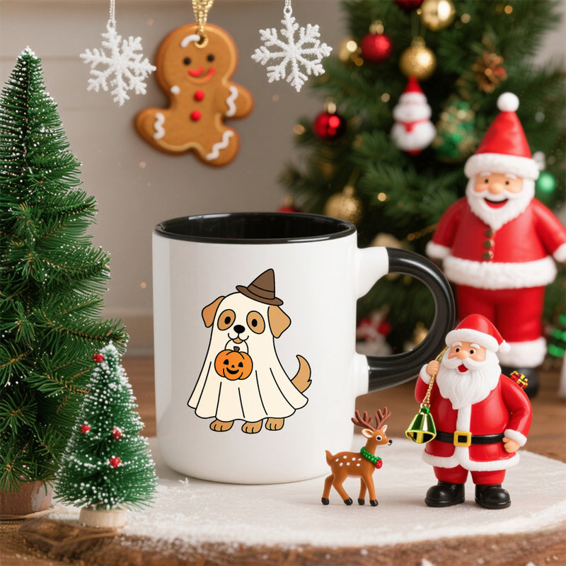 Tailorly Black Accent 11 oz Mug - cute terrier dog in pumpkin costume santa hat