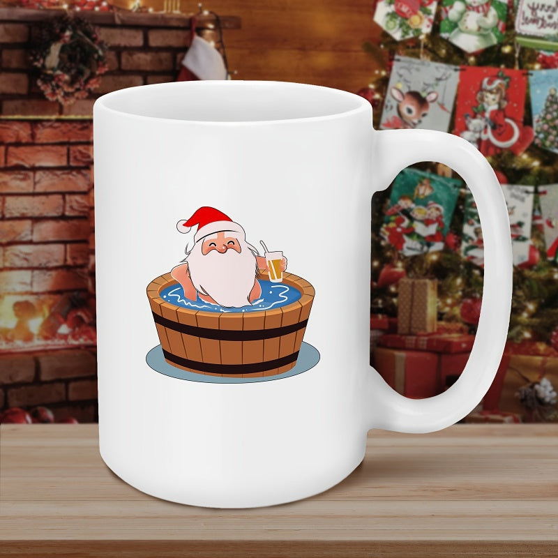 Tailorly White Ceramic 11 oz Mug - Relaxing In A Rustic Wooden Hot Tub Holding A Refreshing Drink Santa Claus