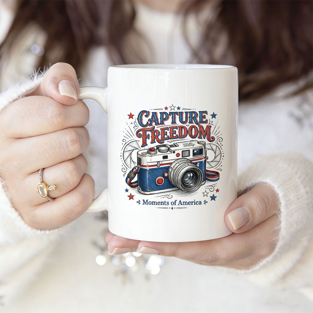 Tailorly White Ceramic 11 oz Mug - Capture Freedom Moments Of America Vintage Retro Film Style Device With Decorative Stars And Line Elements Camera