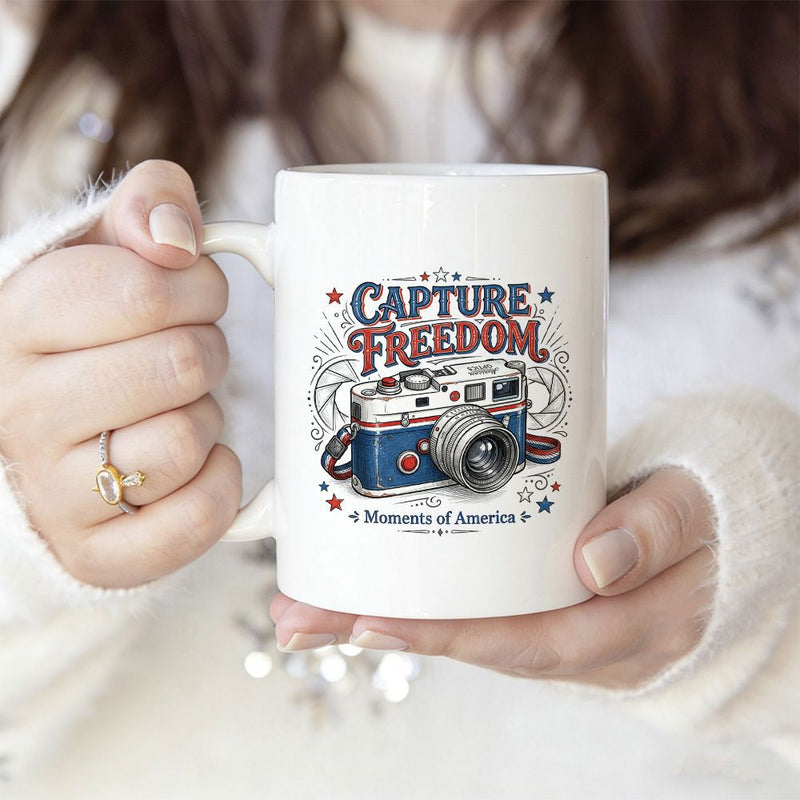 Tailorly White Ceramic 11 oz Mug - Capture Freedom Moments Of America Vintage Retro Film Style Device With Decorative Stars And Line Elements Camera