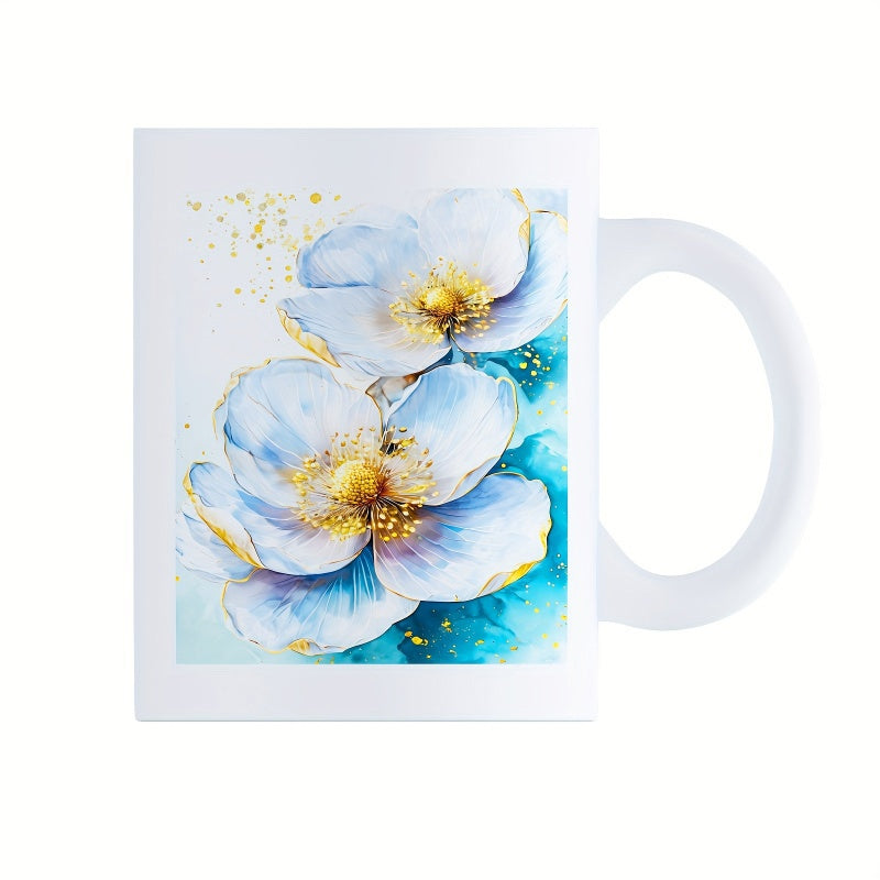 Tailorly White Ceramic 11 oz Mug - Soft Blue Watercolor Petals With Golden Shimmer Accents Elegant Flower