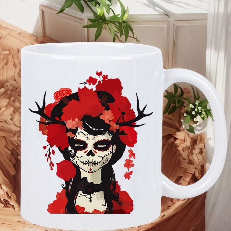 Tailorly White Ceramic 11 oz Mug - Mystical Sugar Skull Style With Red Floral Crown And Black Antlers Woman