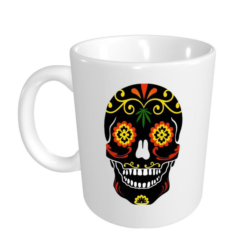 Tailorly White Ceramic 11 oz Mug - Detailed Day Of The Dead Artwork With Vibrant Floral Patterns Decorative Skull