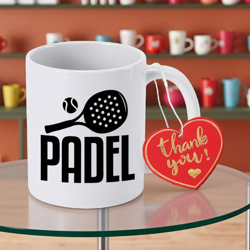 Tailorly White Ceramic 11 oz Mug - Padel Minimalist Black Athletic Silhouette With Small Ball And Perforated Racket