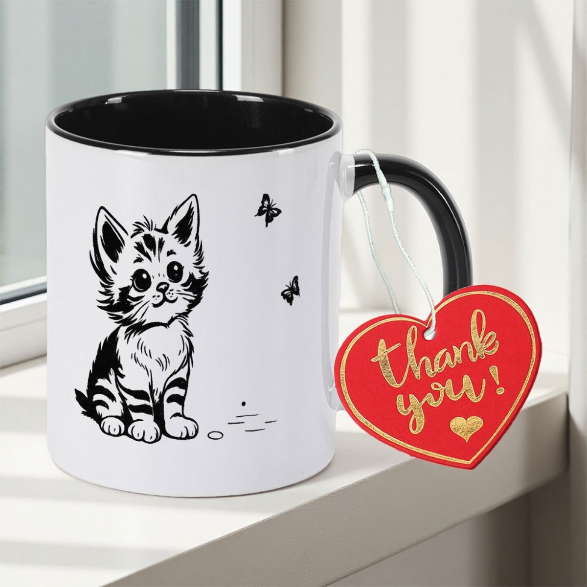 Tailorly Black Accent 11 oz Mug - Adorable Cat Butterflies