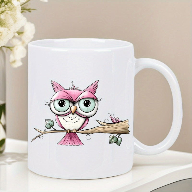 Tailorly White Ceramic 11 oz Mug - Cute Pink Cartoon Bird Perched On A Rustic Tree Branch With Leaves Owl