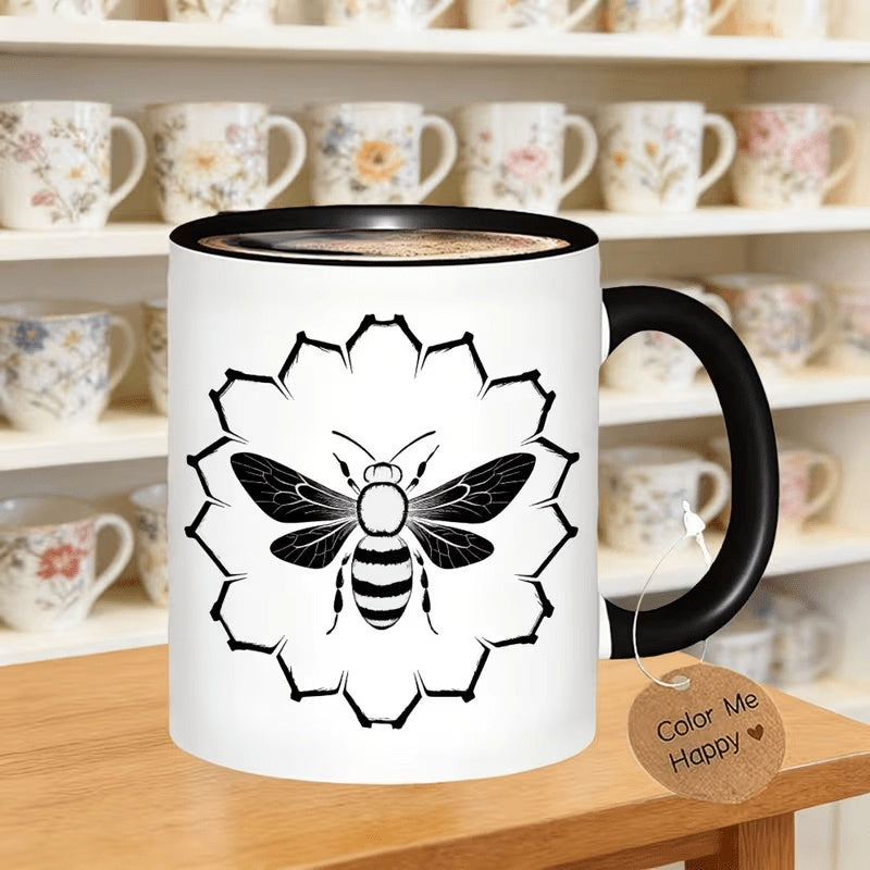 Tailorly Black Accent 11 oz Mug - a ceramic coffee mug featuring a bees and beehives logo tea milk or water this reusable cup a christmas gift and