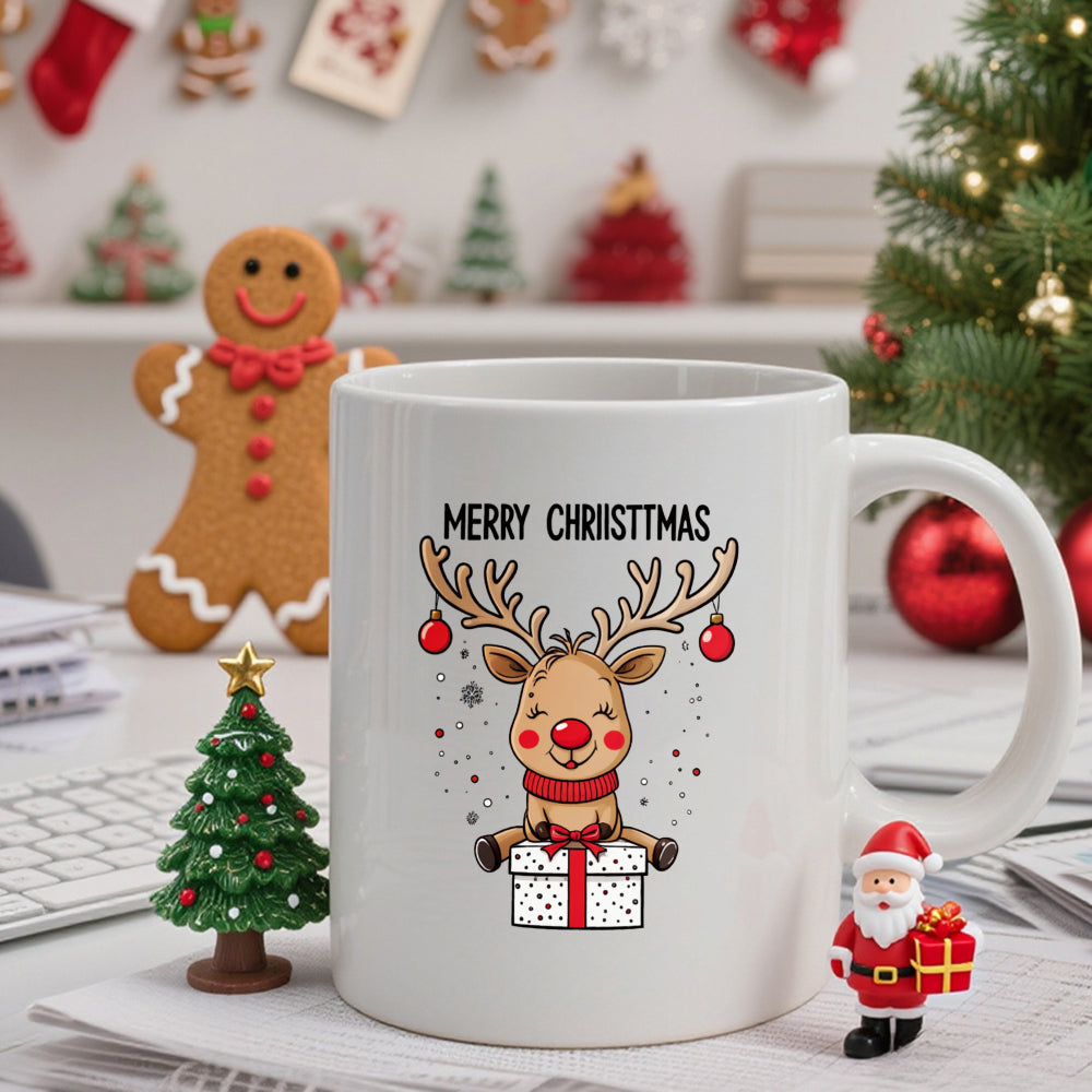 Tailorly White Ceramic 11 oz Mug - Merry Christmas Adorable Cartoon Reindeer Decorated With Festive Red Ornaments Sitting On Gift Box Reindeer