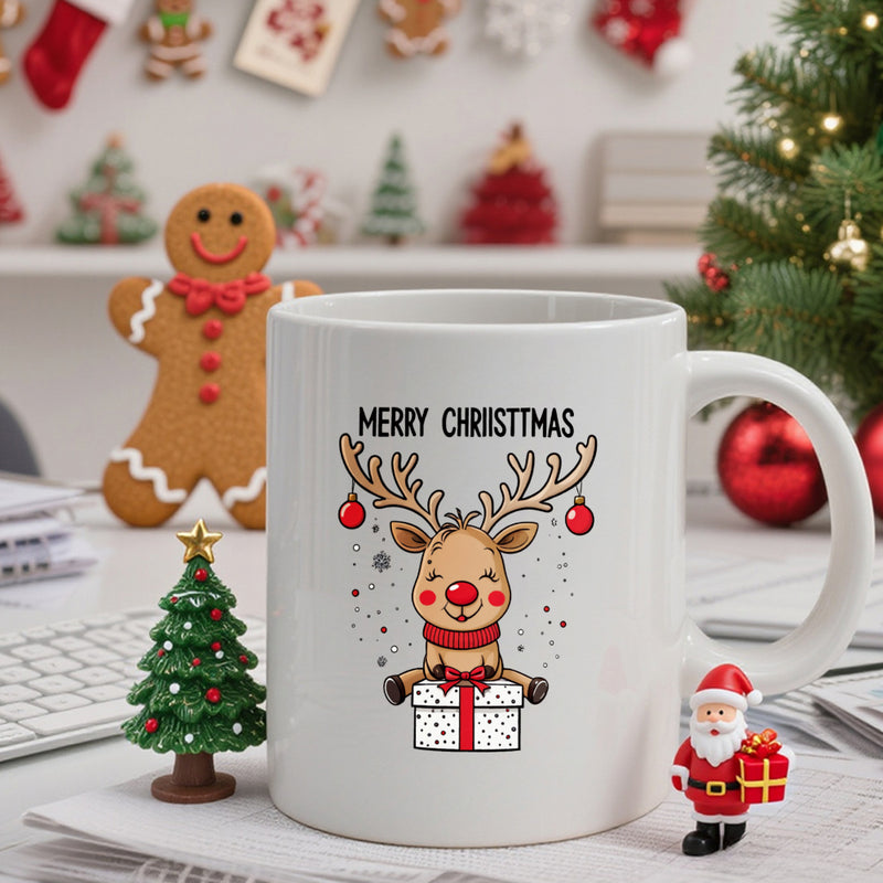 Tailorly White Ceramic 11 oz Mug - Merry Christmas Adorable Cartoon Reindeer Decorated With Festive Red Ornaments Sitting On Gift Box Reindeer