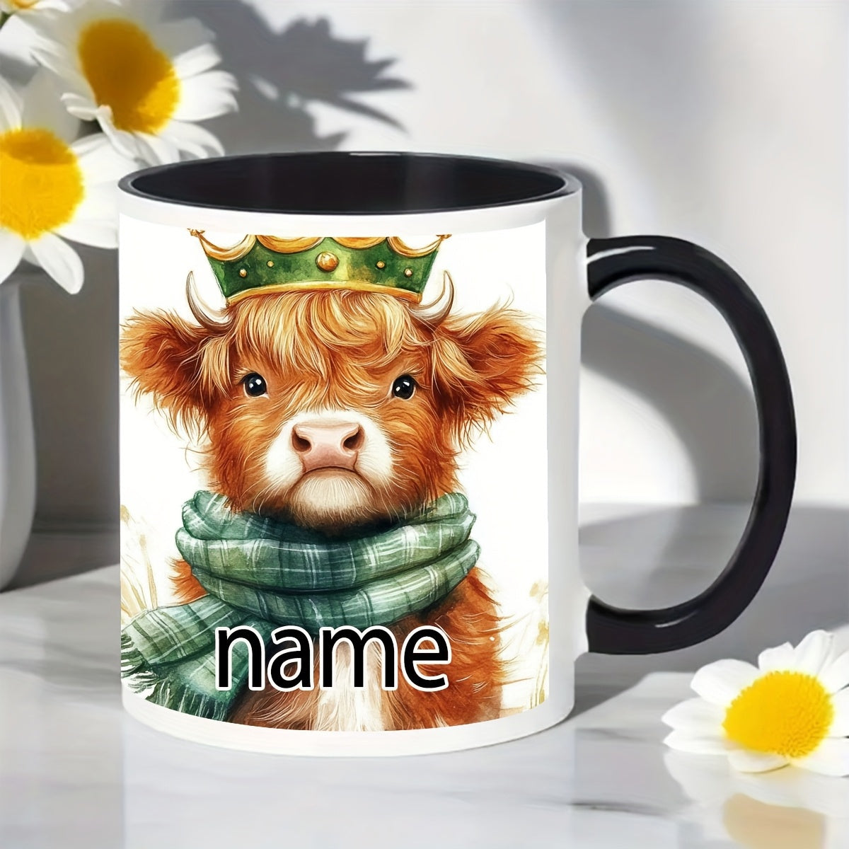Tailorly Black Accent 11 oz Mug - highland cow design themed with personalized text and christmas decoration