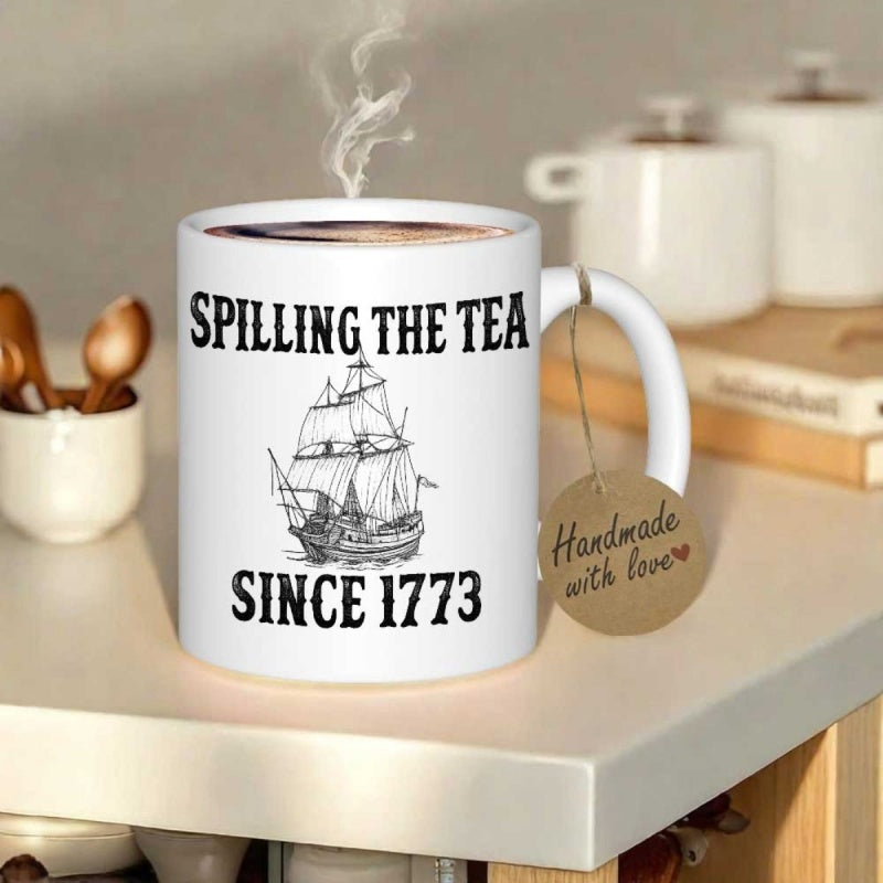 Tailorly White Ceramic 11 oz Mug - Spilling The Tea Since 1773 Historic Line Art Illustration Of A Vintage Three Masted Sailing Vessel Ship