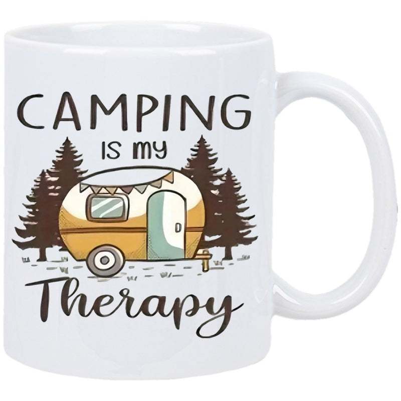 Tailorly White Ceramic 11 oz Mug - Camping Is My Therapy Vintage Retro Style Camper Parked Among Evergreen Pine Trees Trailer