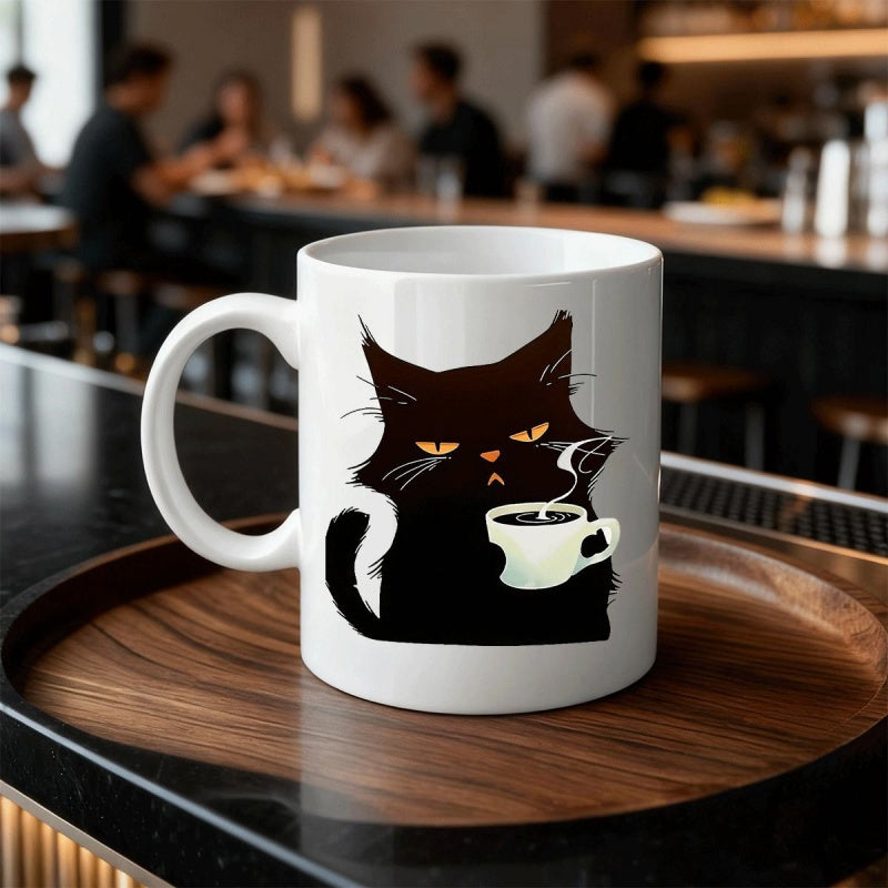 Tailorly White Ceramic 11 oz Mug - Grumpy Dark Silhouette Holding A Small Steaming Cup Of Hot Coffee Cat