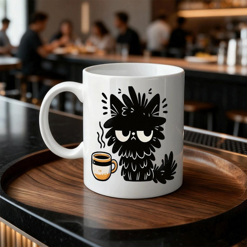 Tailorly White Ceramic 11 oz Mug - Grumpy Fluffy Black Cat Holding A Hot Morning Coffee Cup Cat