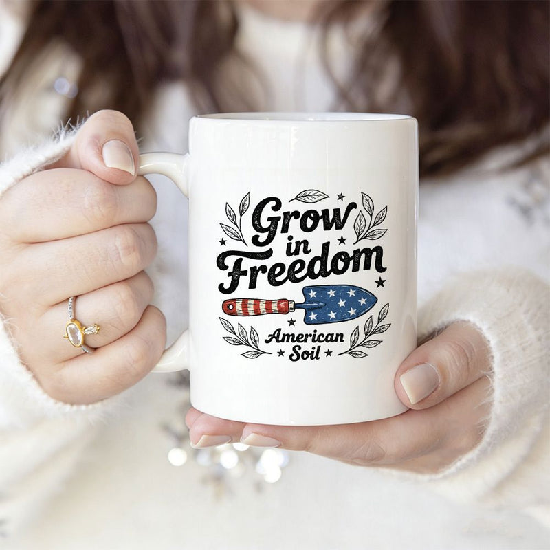 Tailorly White Ceramic 11 oz Mug - Grow In Freedom American Soil Elegant Foliage Framing A Stars And Stripes Patterned Garden Shovel